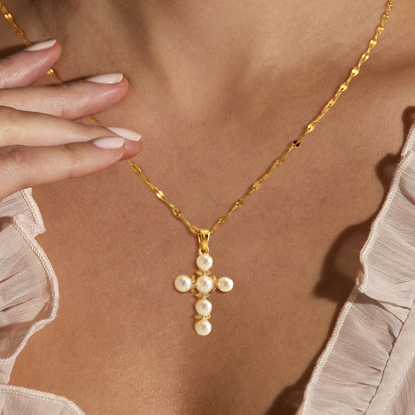 Collar acero inoxidable, colgante Cruz perlas acrílicas