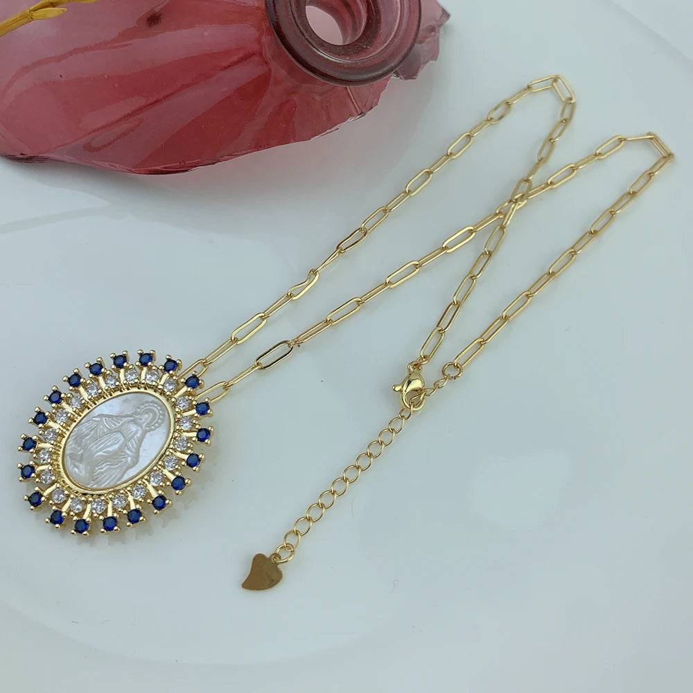 Cadena Medalla Virgen Milagrosa de nácar, con detalles de circonitas