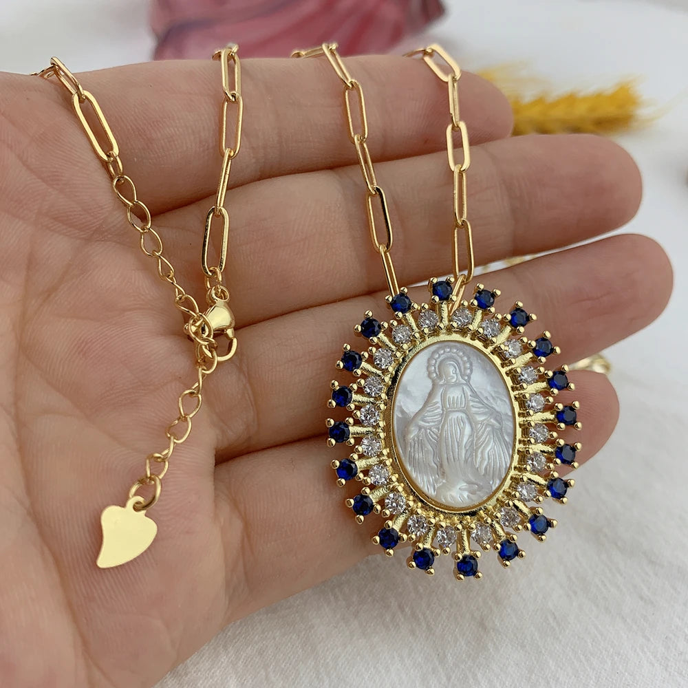 Cadena Medalla Virgen Milagrosa de nácar, con detalles de circonitas
