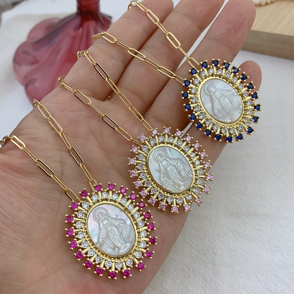 Cadena Medalla Virgen Milagrosa de nácar, con detalles de circonitas