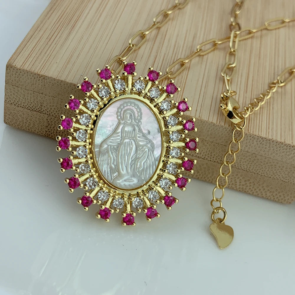 Cadena Medalla Virgen Milagrosa de nácar, con detalles de circonitas