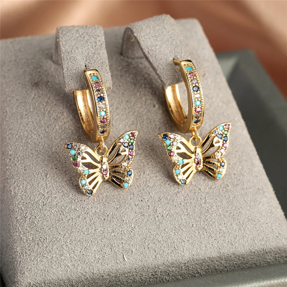 Pendientes acero inoxidable de circón redondos de mariposa colorida