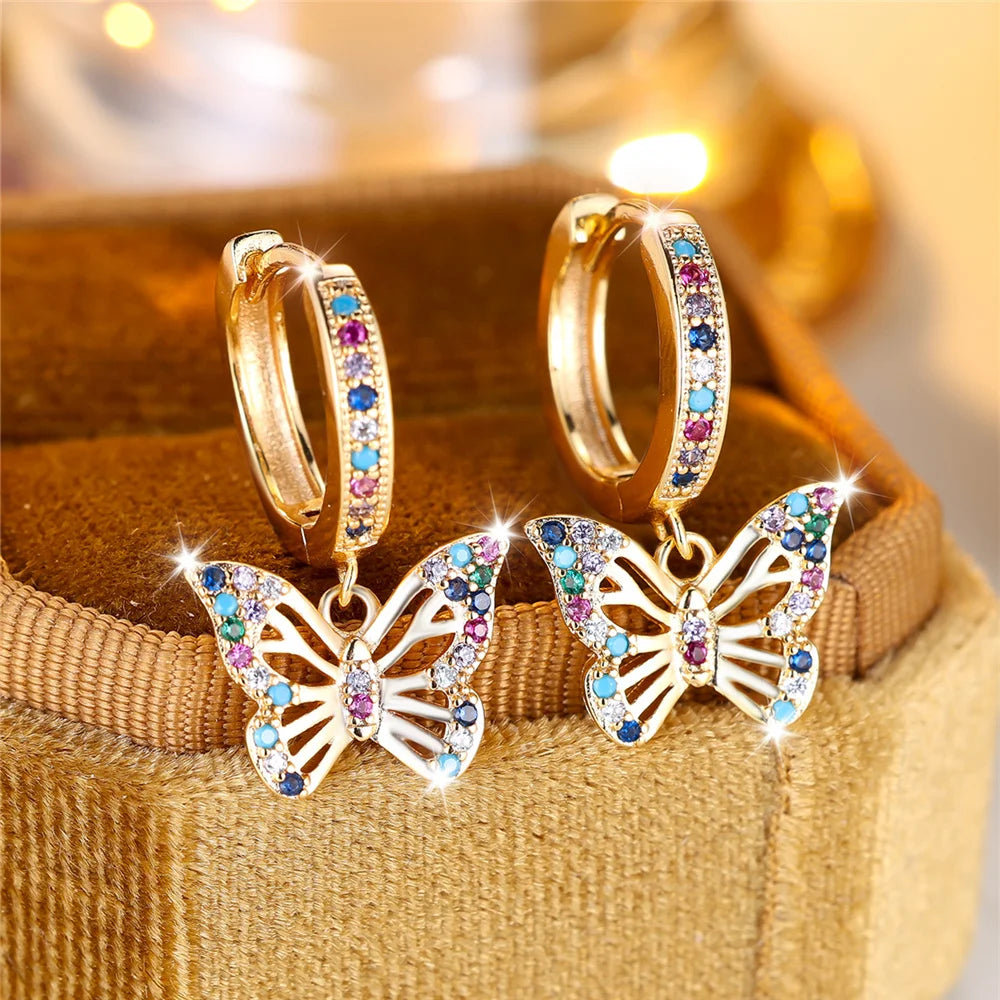 Pendientes acero inoxidable de circón redondos de mariposa colorida