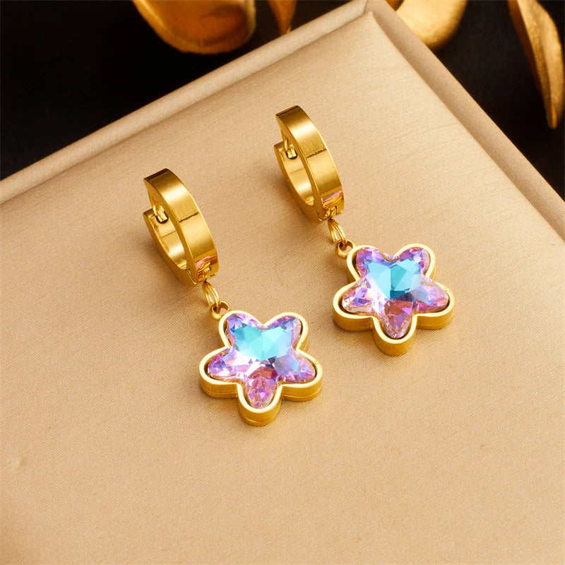 Pendiente de acero inoxidable mariposa de cristal púrpura