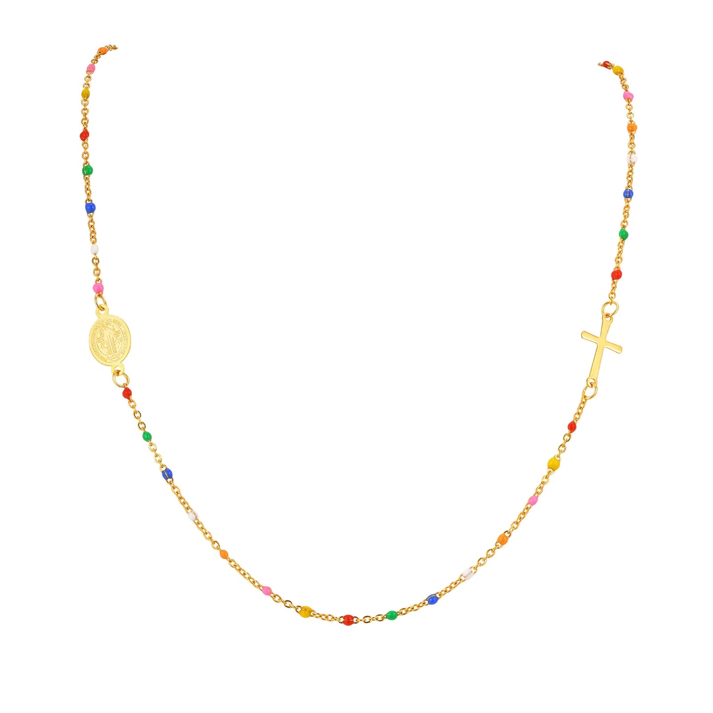 Collar de acero inoxidable, bolitas de colores y Medallas disponibles: Virgen de Guadalupe, Virgen Milagrosa y San Benito