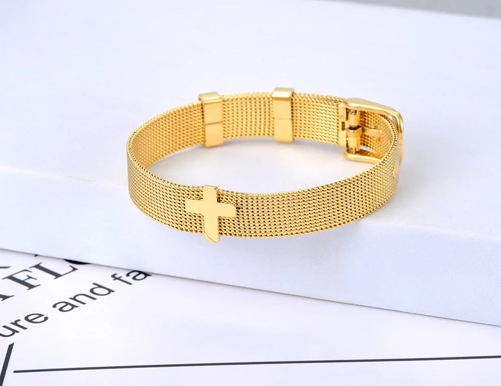 Bracelete acero inoxidable, detalle Cruz