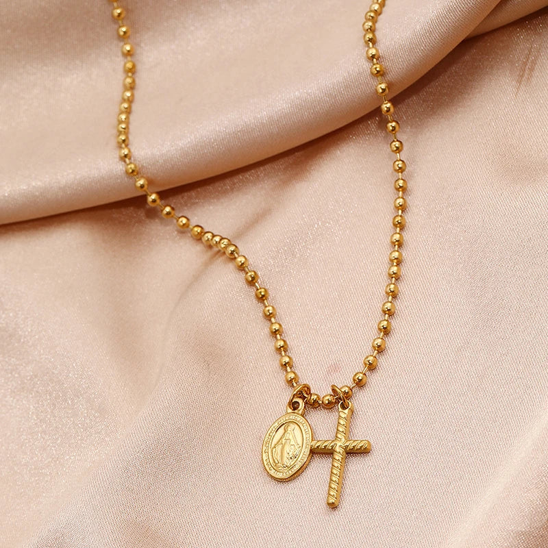 Collar Colgantes Cruz y Medalla Virgen Milagrosa