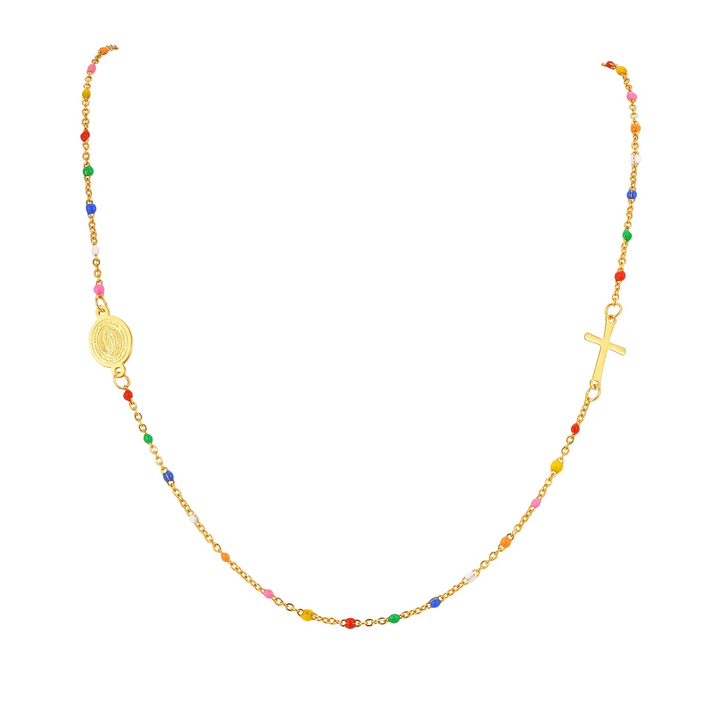 Collar de acero inoxidable, bolitas de colores y Medallas disponibles: Virgen de Guadalupe, Virgen Milagrosa y San Benito