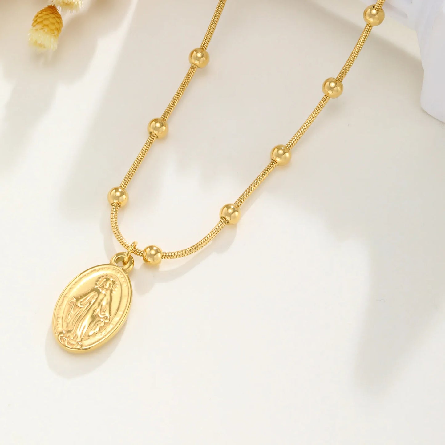 Collar cadena de cuentas acero inoxidable, Medalla Virgen Milagrosa
