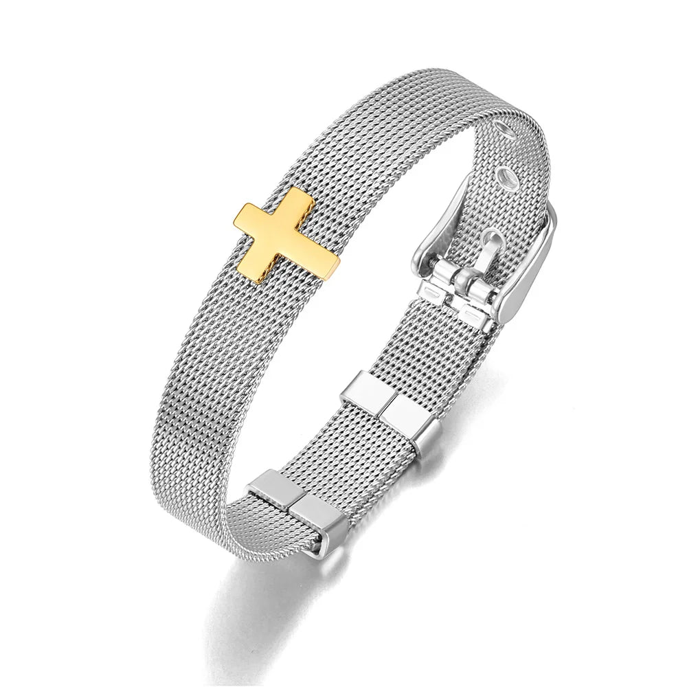 Bracelete acero inoxidable, detalle Cruz