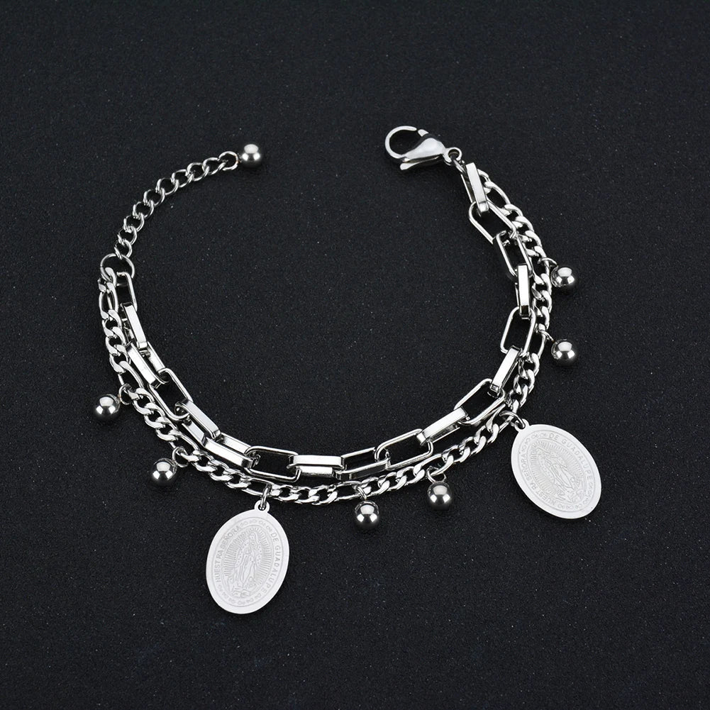 Pulseras de acero inoxidable, variedades dijes Virgen de Guadalupe y modelos con cruces