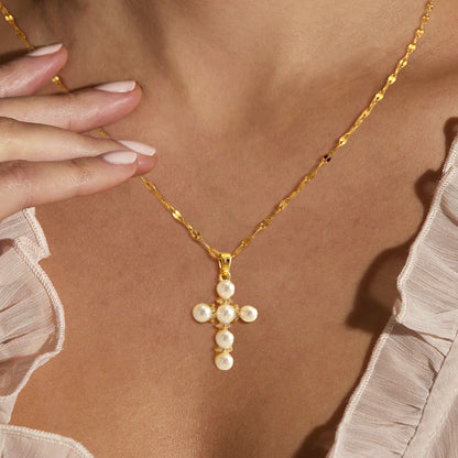 Collar acero inoxidable, colgante Cruz perlas acrílicas