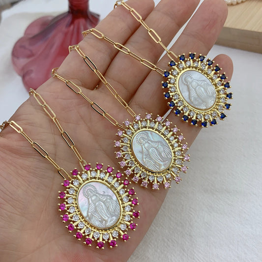 Cadena Medalla Virgen Milagrosa de nácar, con detalles de circonitas