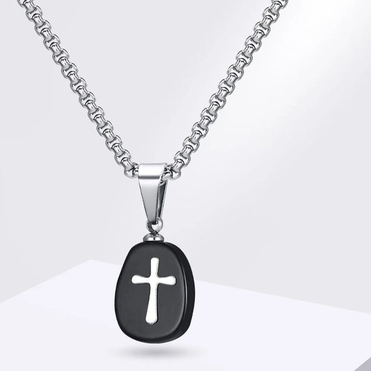 Collar de Acero Inoxidable Plateado con Cruz de Obsidiana Negra