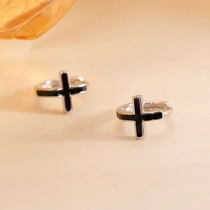 Pendientes Aros Cruzados negros, pulidos en plata