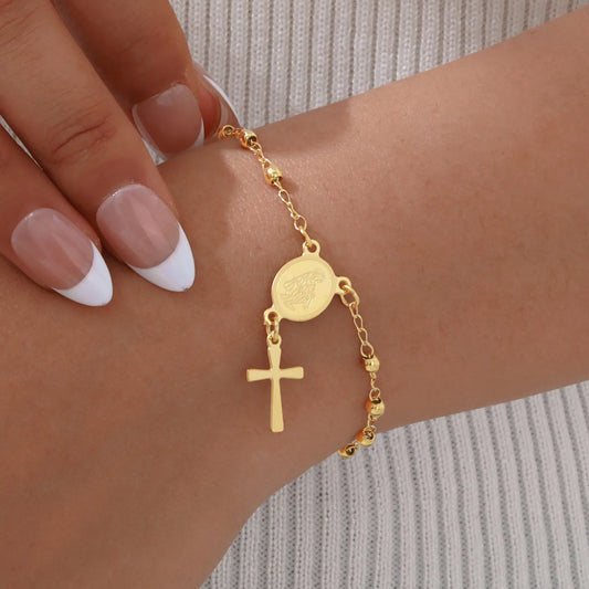 Pulsera de acero inoxidable medalla Virgen Milagrosa y detalle Cruz