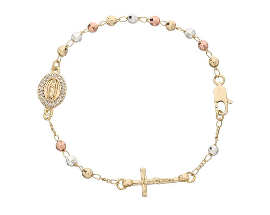 Pulsera cuntas rosario, Medalla Virgen de Guadalupe con circonitas y crucifijo