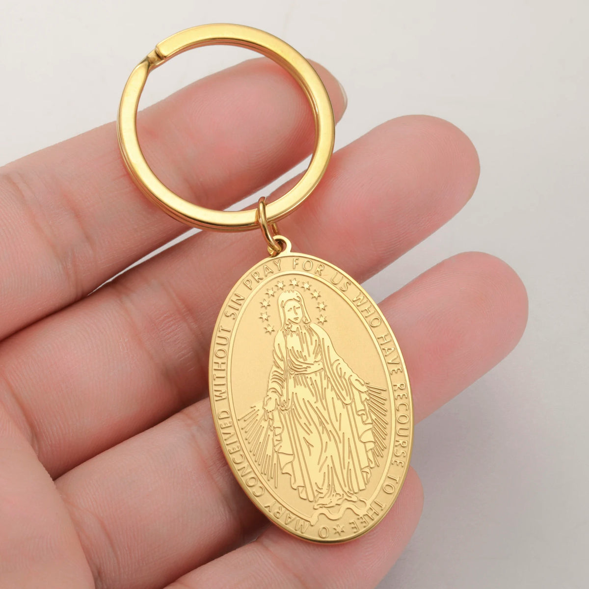 Llavero Virgen Milagrosa de acero inoxidable