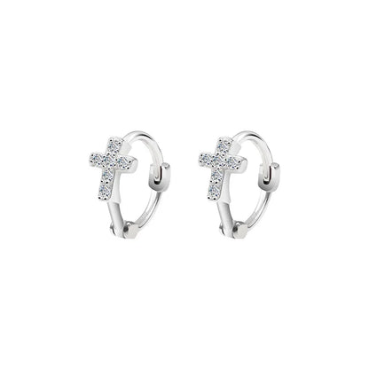 Pendientes Aros Cruz de Circonitas pulidos en plata