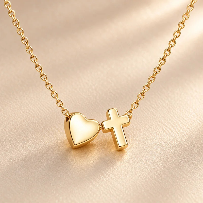 Collar dijes deicados Cruz y Corazón de acero inoxidable