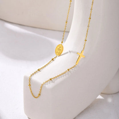 Collar de Acero Inoxidable con Cruz y Medalla de la Virgen Milagrosa