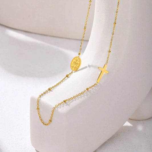 Collar de Acero Inoxidable con Cruz y Medalla de la Virgen Milagrosa