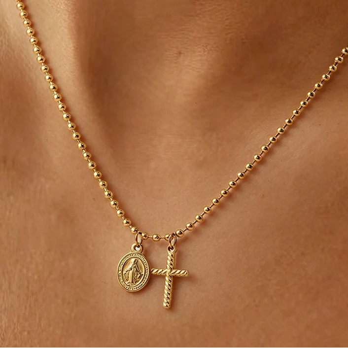 Collar Colgantes Cruz y Medalla Virgen Milagrosa