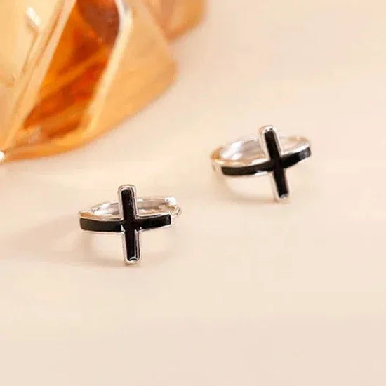 Pendientes Aros Cruzados negros, pulidos en plata