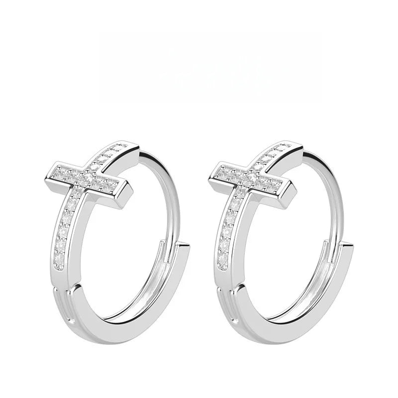 Pendientes Aros Cruz Circonitas, pulidos en plata
