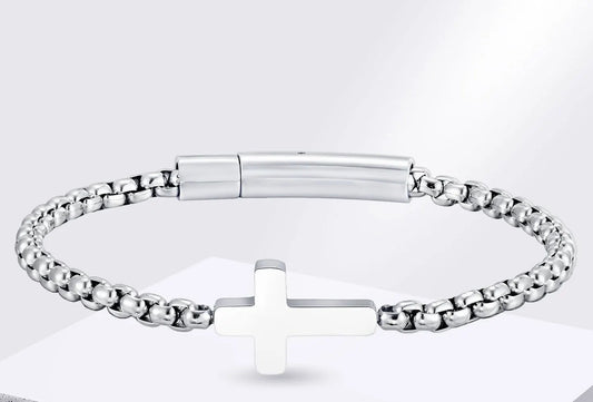 Pulsera Masculina de Acero Inoxidable Plateada con Dije de Cruz