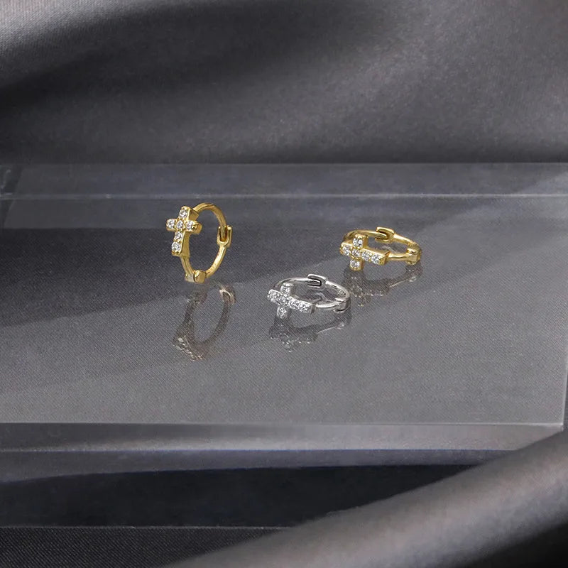 Pendientes Aros Cruz de Circonitas pulidos en plata