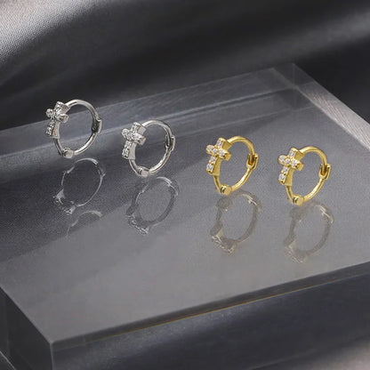 Pendientes Aros Cruz de Circonitas pulidos en plata