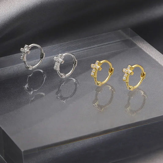 Pendientes Aros Cruz de Circonitas pulidos en plata