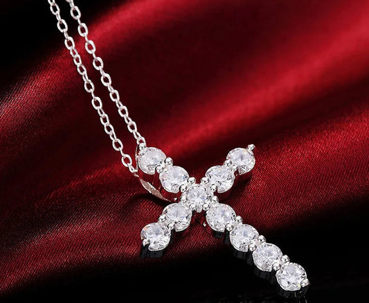 Collar pulido en plata, colgante CRUZ de circonitas