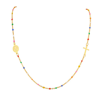 Collar de acero inoxidable, bolitas de colores y Medallas disponibles: Virgen de Guadalupe, Virgen Milagrosa y San Benito