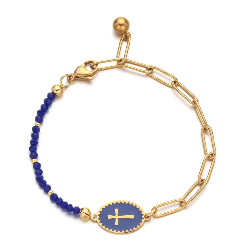Pulsera de colores alegres, con medalla central de Cruz Esmaltada de acero inoxidable