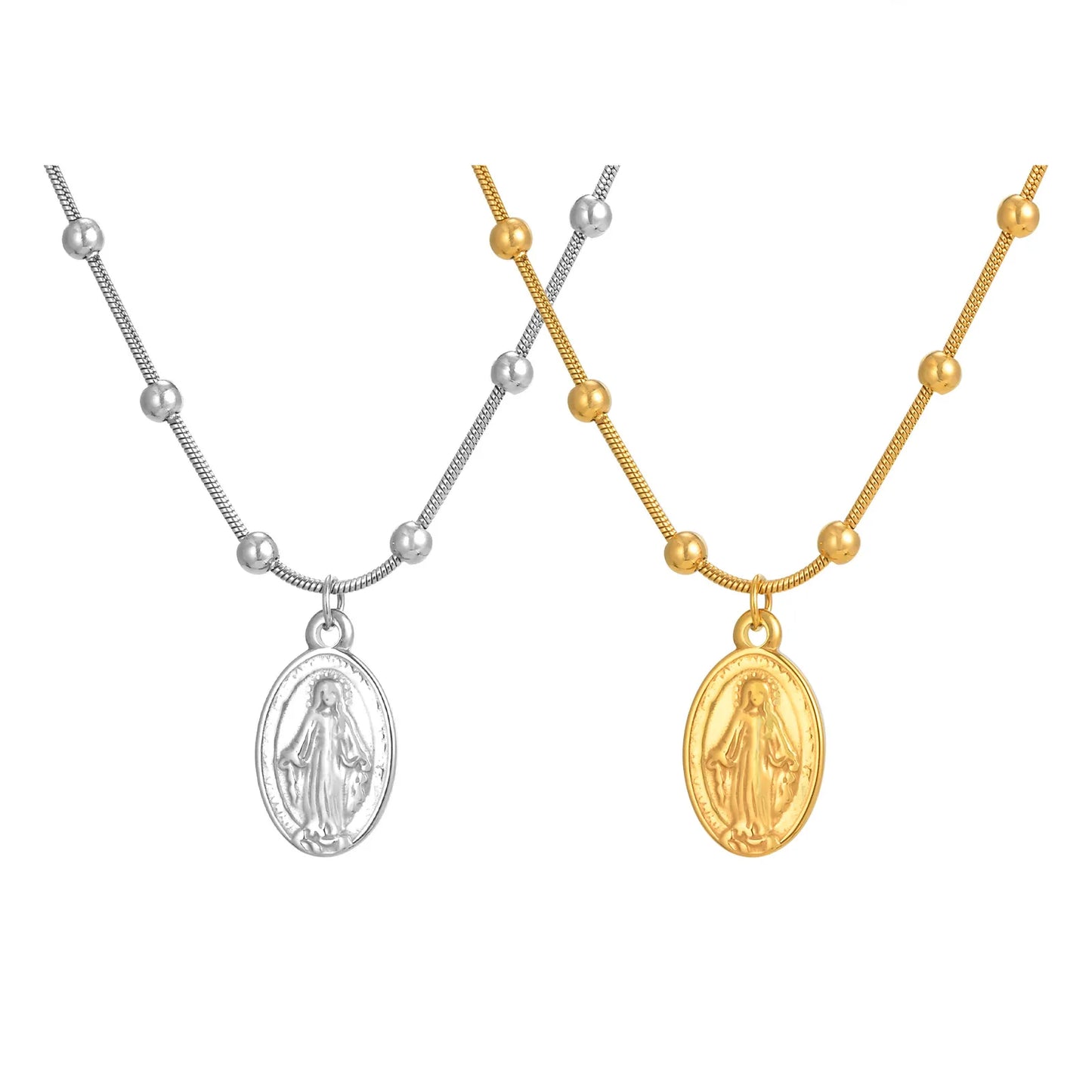 Collar cadena de cuentas acero inoxidable, Medalla Virgen Milagrosa