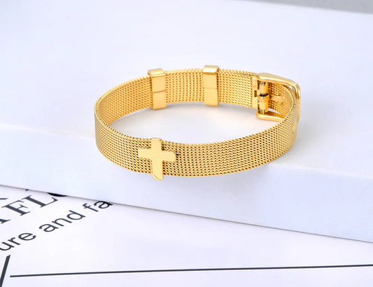 Bracelete acero inoxidable, detalle Cruz