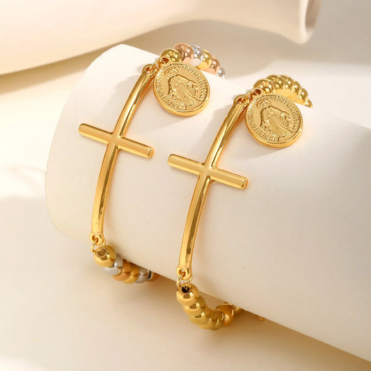 Pulsera de cuentas con colgante de la Medalla de la Virgen Milagrosa y una cruz horizontal