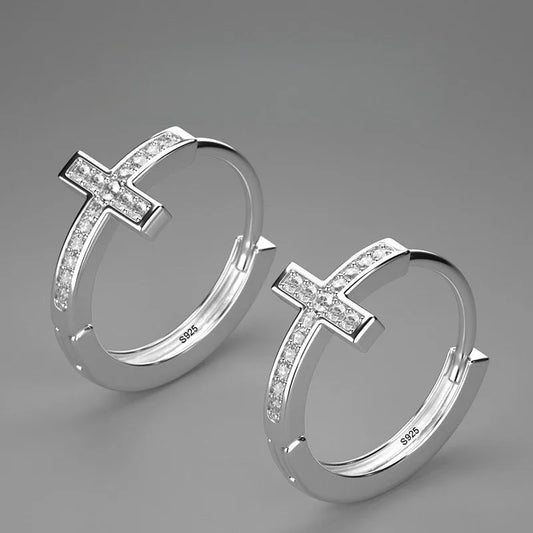 Pendientes Aros Cruz Circonitas, pulidos en plata
