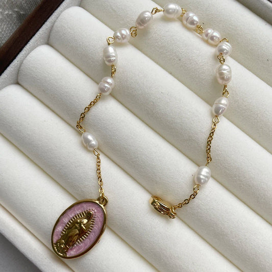 Pulsera de perlitas cadena de acero inoxidable, Medalla Virgen de Guadalupe