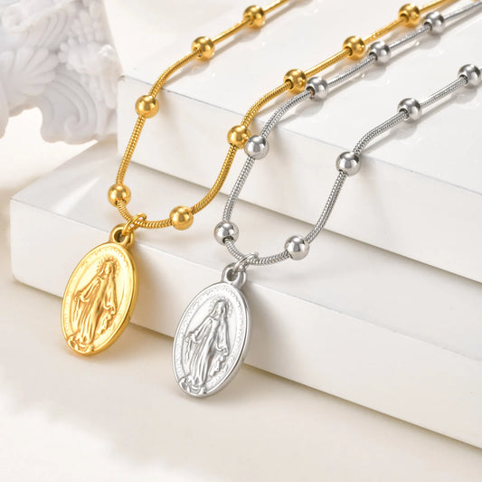 Collar cadena de cuentas acero inoxidable, Medalla Virgen Milagrosa