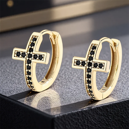 Pendientes modelo aro con cruz de circonitas negras