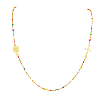 Collar de acero inoxidable, bolitas de colores y Medallas disponibles: Virgen de Guadalupe, Virgen Milagrosa y San Benito