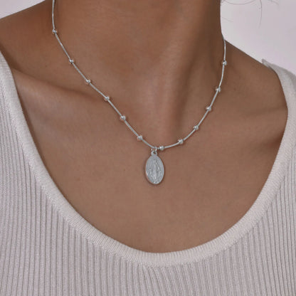 Collar cadena de cuentas acero inoxidable, Medalla Virgen Milagrosa