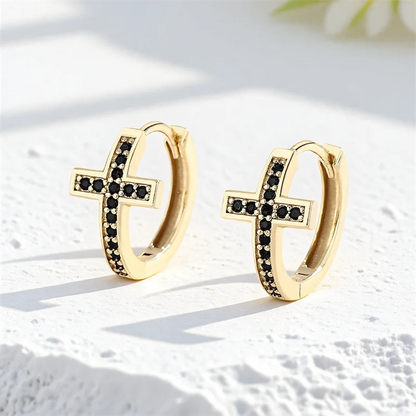 Pendientes modelo aro con cruz de circonitas negras