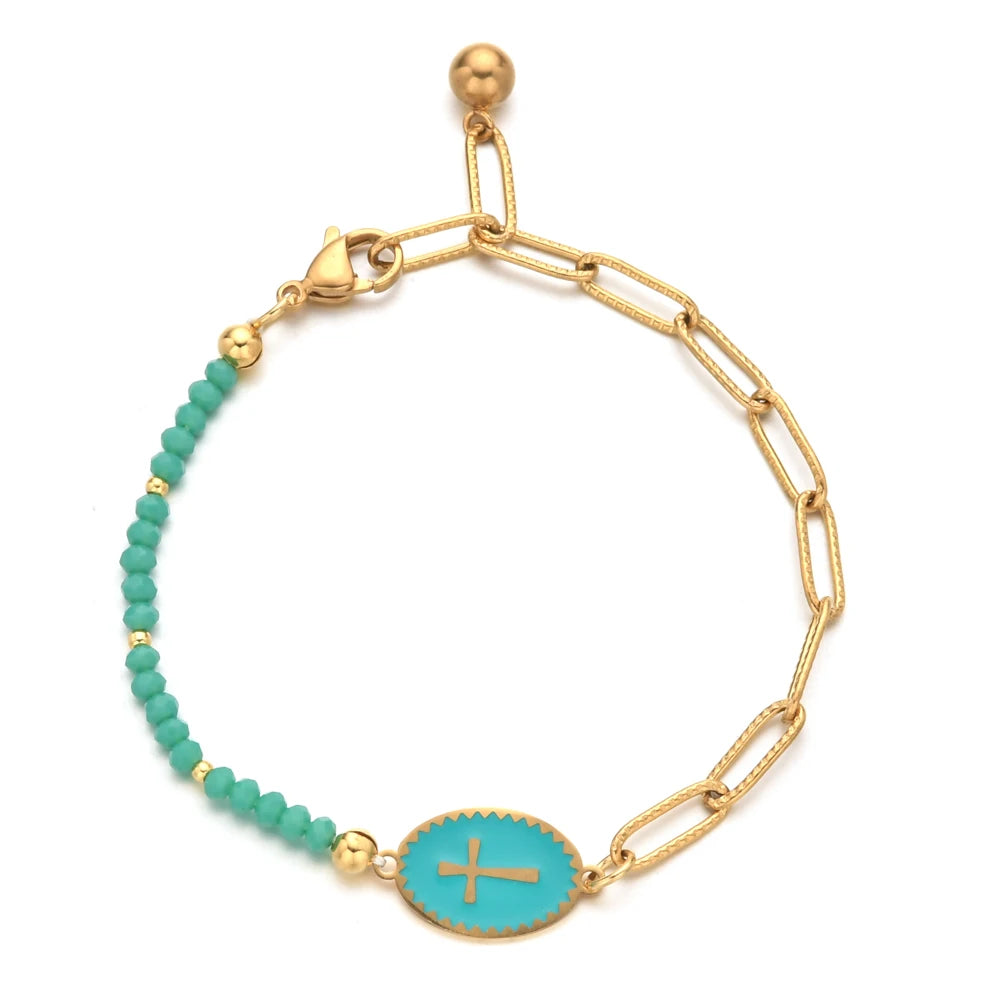 Pulsera de colores alegres, con medalla central de Cruz Esmaltada de acero inoxidable